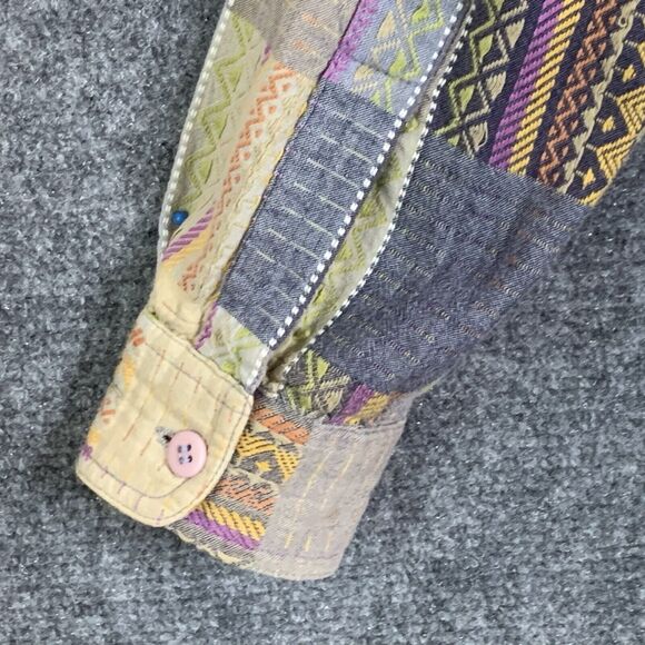 Lemon Grass Button Front Shirt Women S Patchwork Pattern Long Sleeve Cotton - Picture 9 of 12